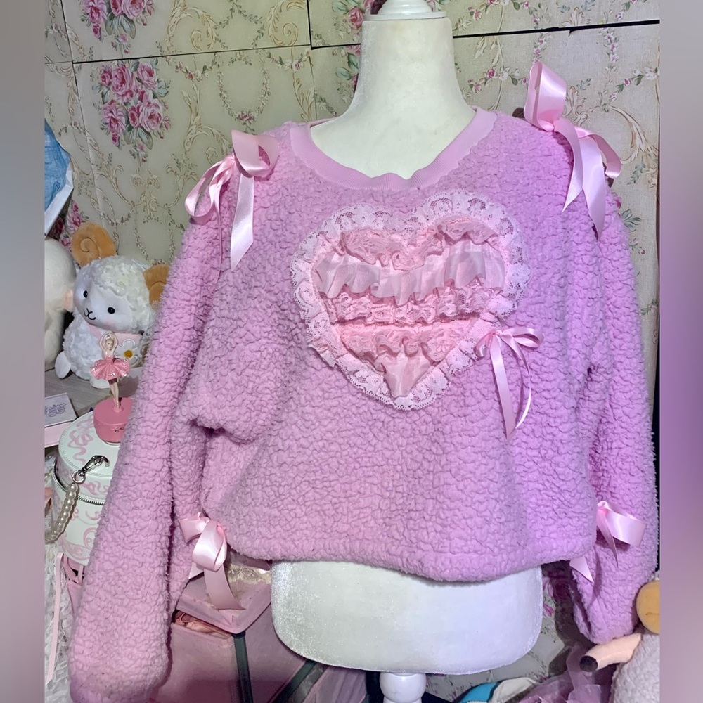 Love forever, ooak heart pink sweater/sweatshirt fleece thick winter princess